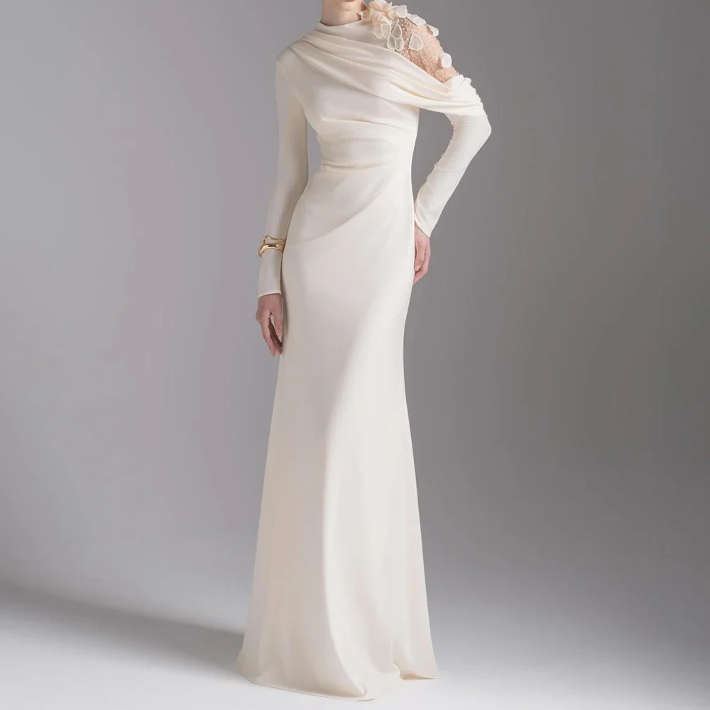 Até o chão de alta pescoço manga cheia vestido de baile moda flores simples drapeado casual vestido de festa personalizado a linha vestidos de noite