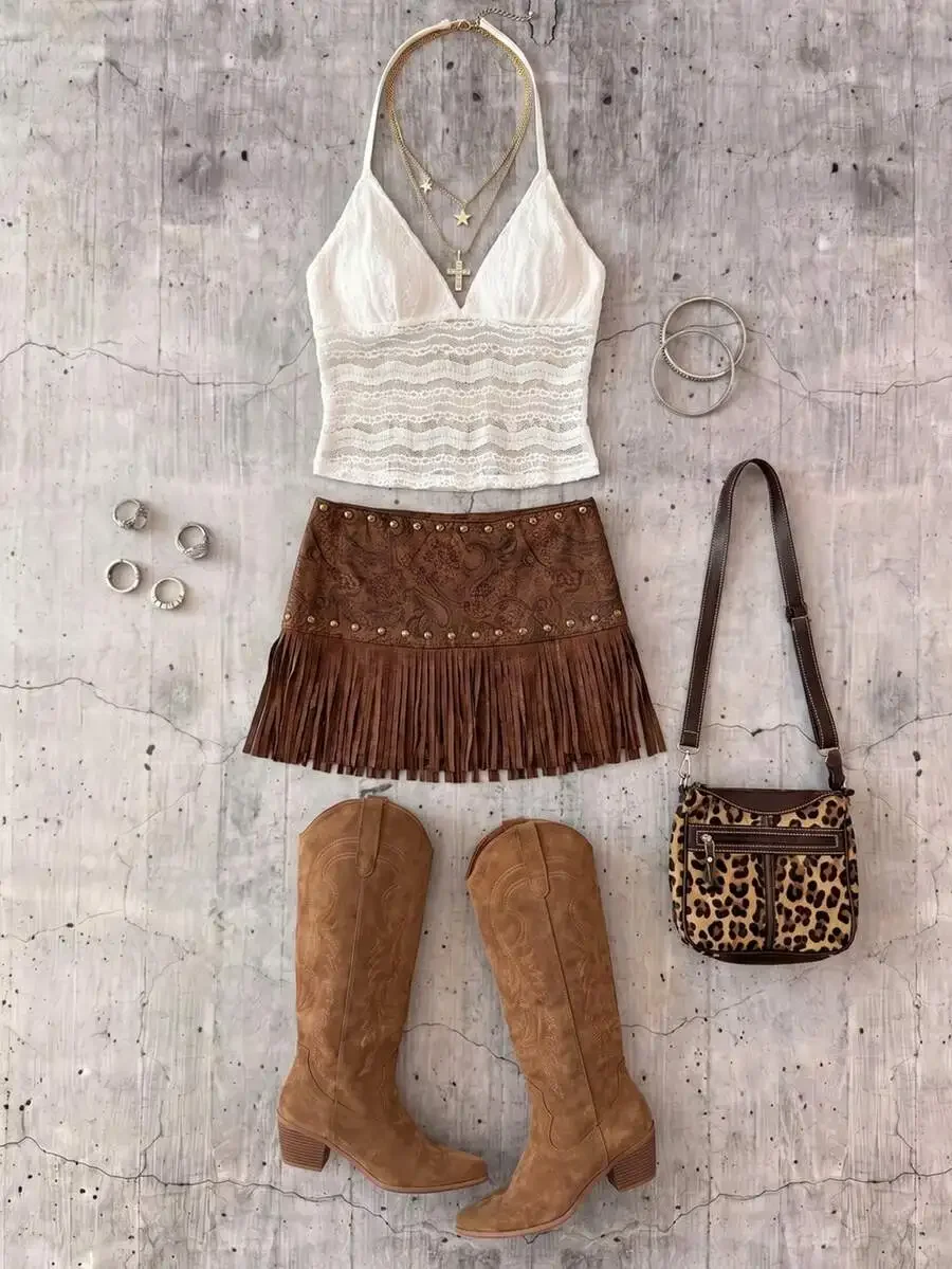 

Womens Brown Suede Paisley Fringe Skirt With Beading Casual Bohemian Western Outfit