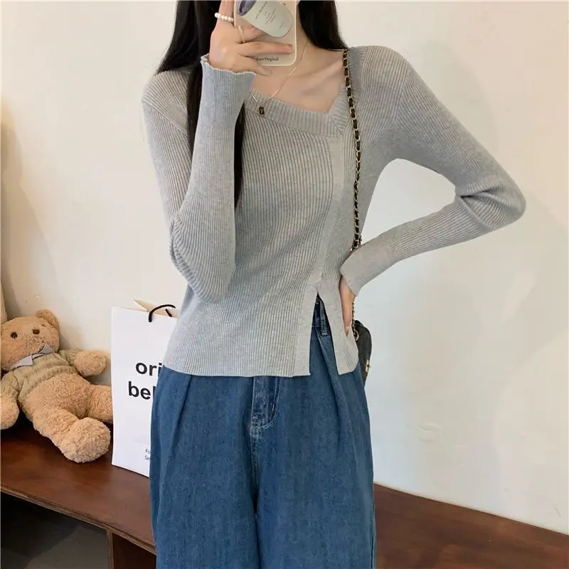 New Irregular Slit Design Careful Machine Base Knit Sweater Design Slim Fit Niche Top