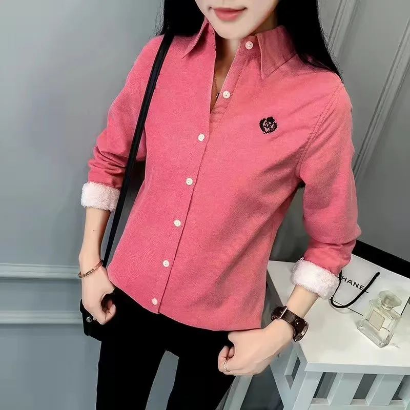 Very Thick Women Winter Style Blouses Shirts Lady Casual Long Sleeve Turn-down Collar Velvet Blusas Tops DF3161