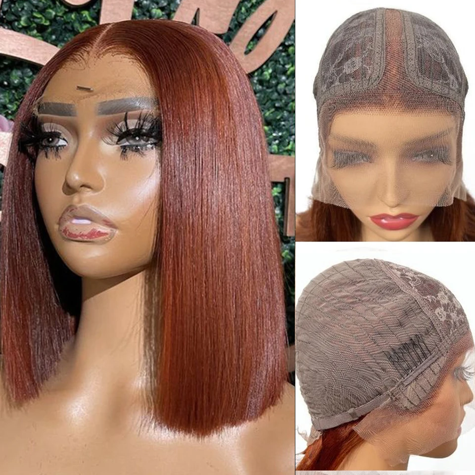 Sleek Straight Short Bob Wig 13*5*2 T Part Lace Front Wig Human Hair Wigs 180%D Peruvian Brown 33 Human Hair Wigs