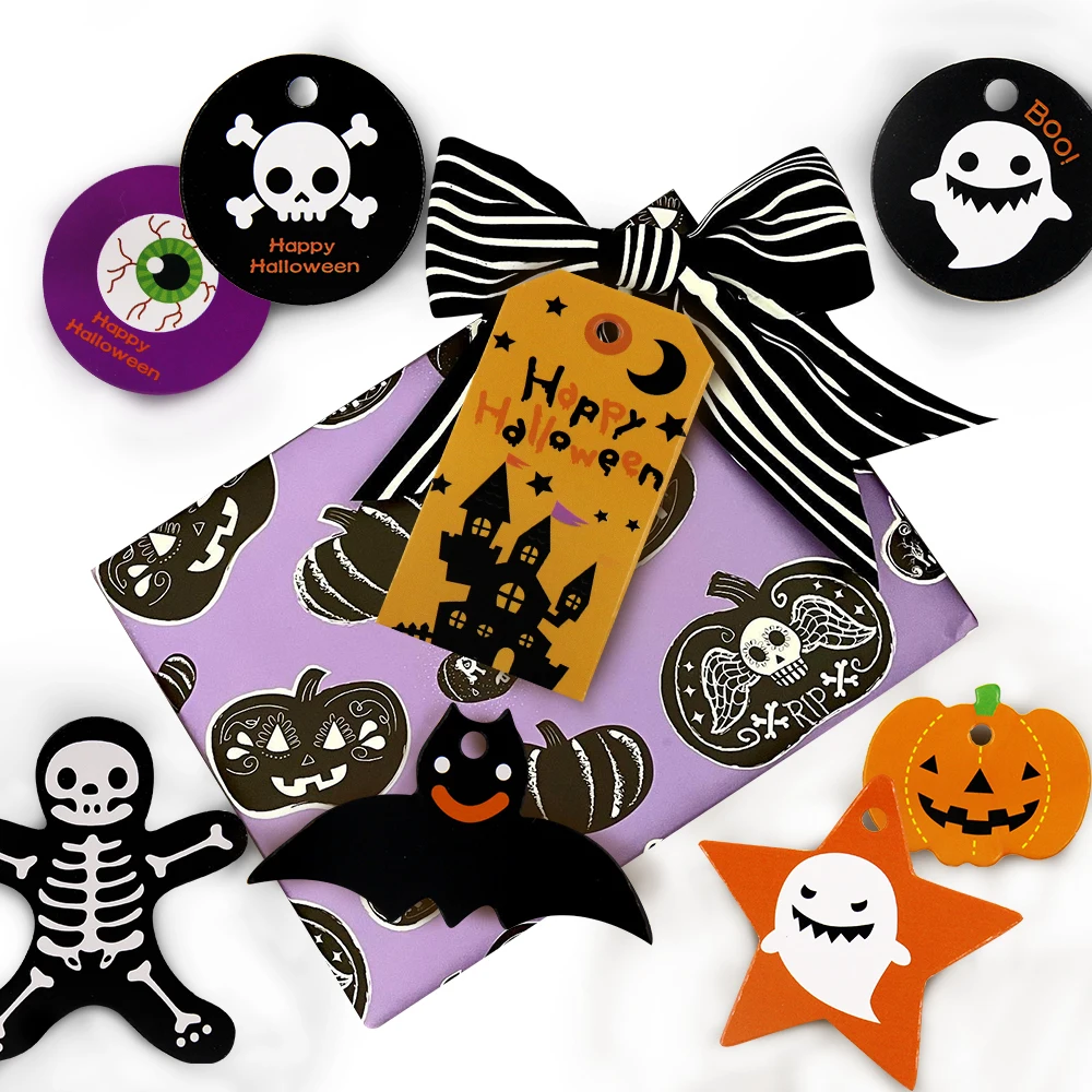 50PCS Halloween Kraft Paper Hanging Tags Pumpkin Ghost Bat Crafts Paper Labels for Happy Halloween DIY Gifts Wrapping Supplies