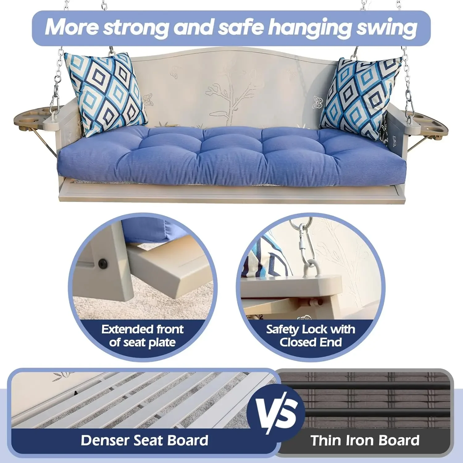 [وصول جديد! ] أرجوحة شرفة معدنية ذات 3 مقاعد 900 رطل، مقعد معلق عالي التحمل مع صينية مطورة ووسائد مقاومة للصدأ