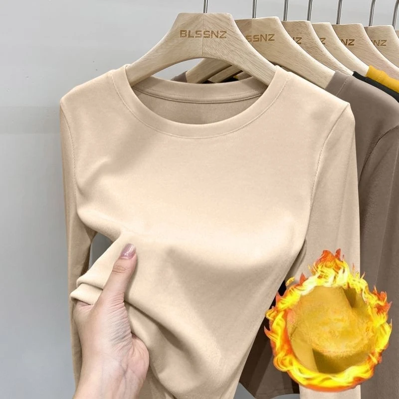New Autumn Winter Thermal Threaded Bottom Shirt Women's Solid Colorround Neck T-shirt Sweater Long Sleeve Warm Underwear