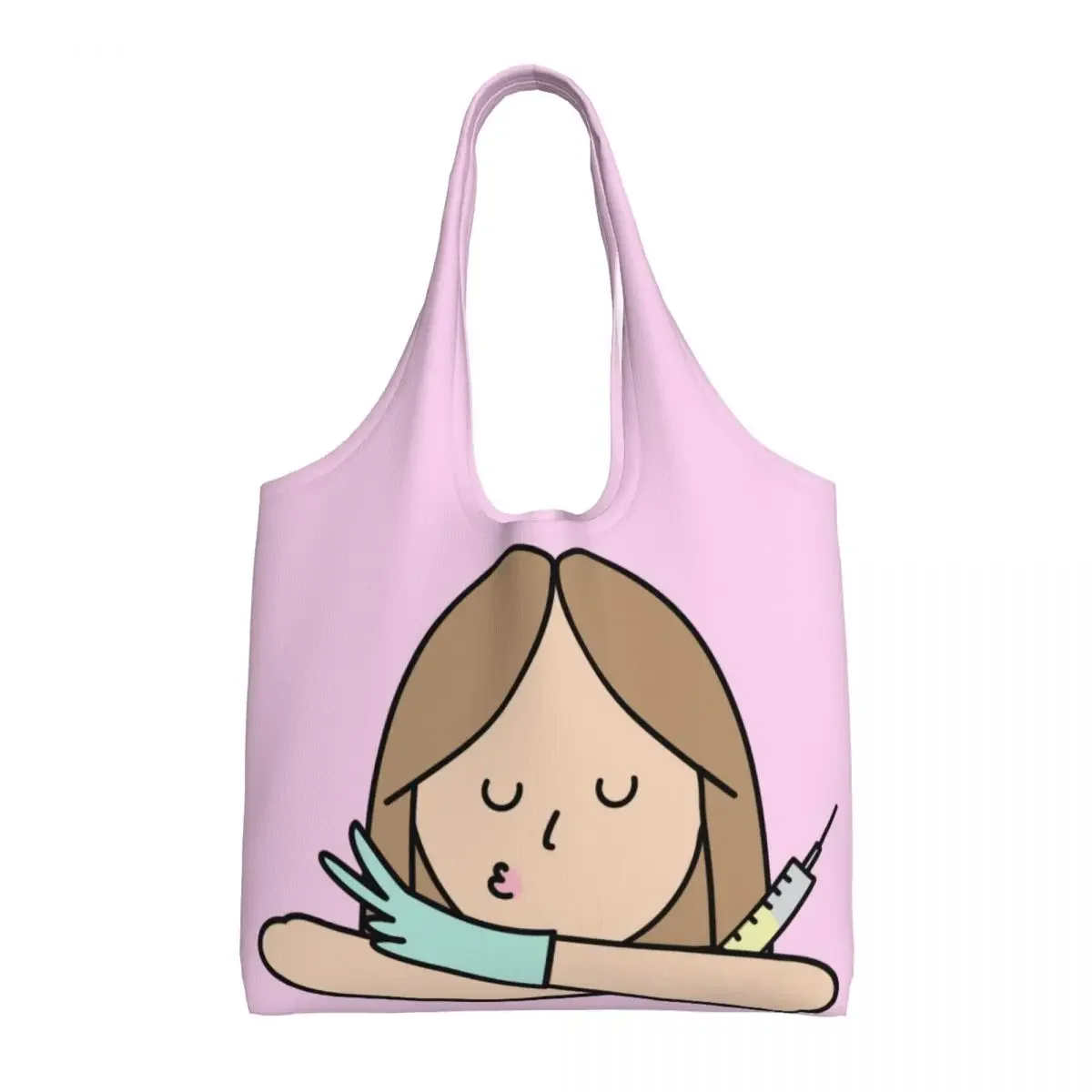 Custom Kawaii Funny Cartoon Nurse Shopping Tote Bags Reusable Health Care Nursing Doctors Canvas Grocery Shopper Shoulder Bag