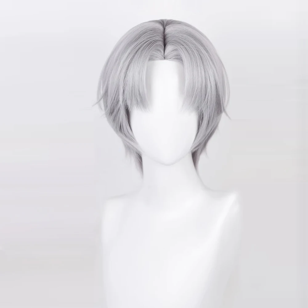 RANYU Anime Game Cosplay Peluca de parte media gris sintética, pelo corto y liso esponjoso, resistente al calor para fiesta