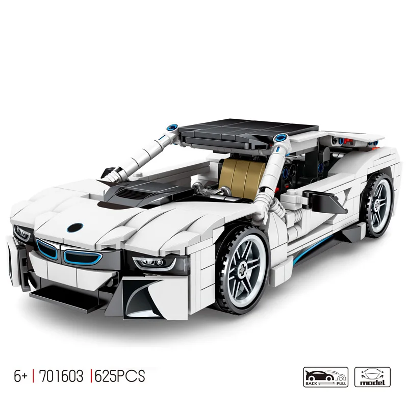 Technical 1:18 Scale Model Building Block Germany New Power Vehicle Sport Car EV I8 Bricks Pull Back Toys Collection For Gifts