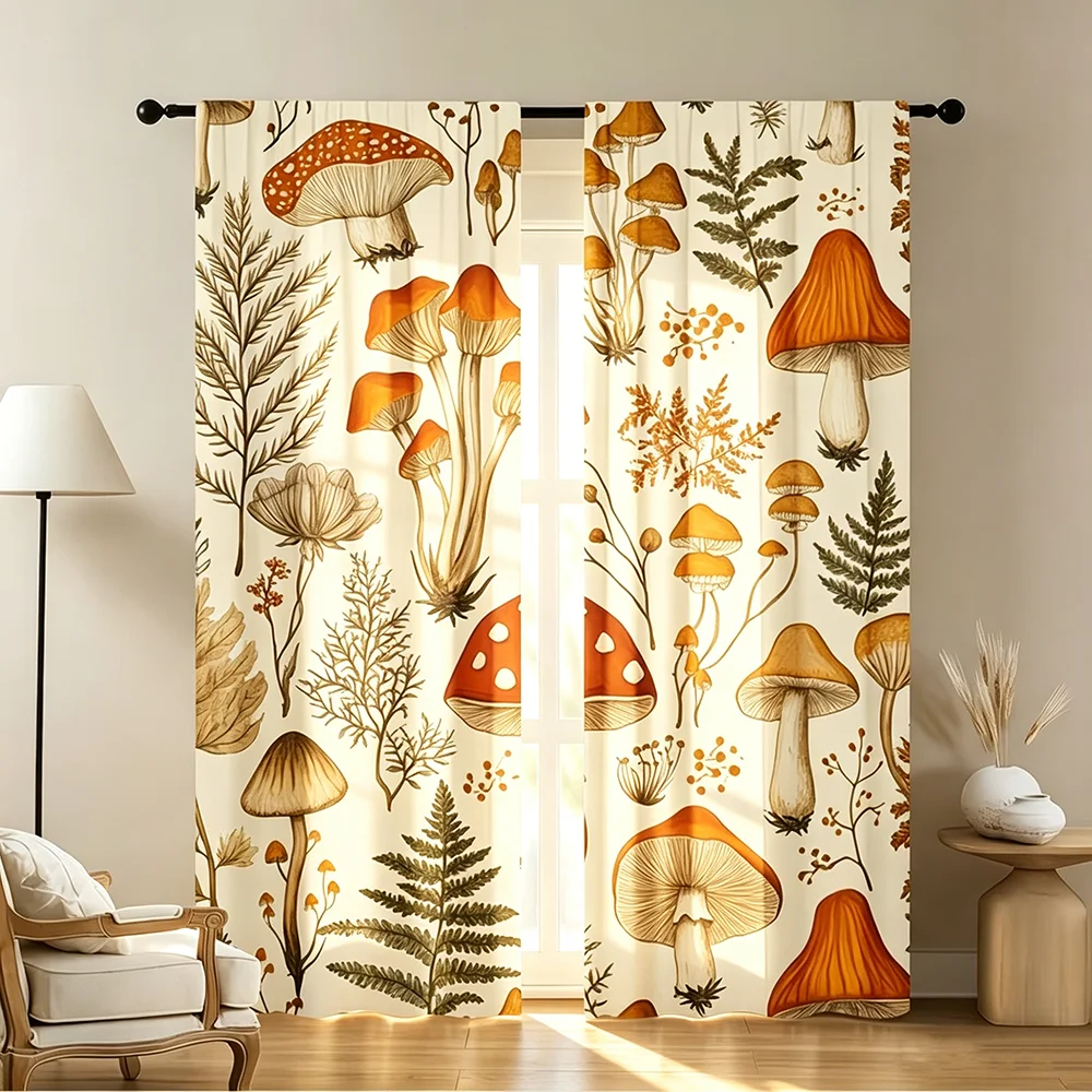 Digital Printed Curtains with Mushroom Fern Design, Stylish Window Drapes for Living Room Bedroom Home Decoration