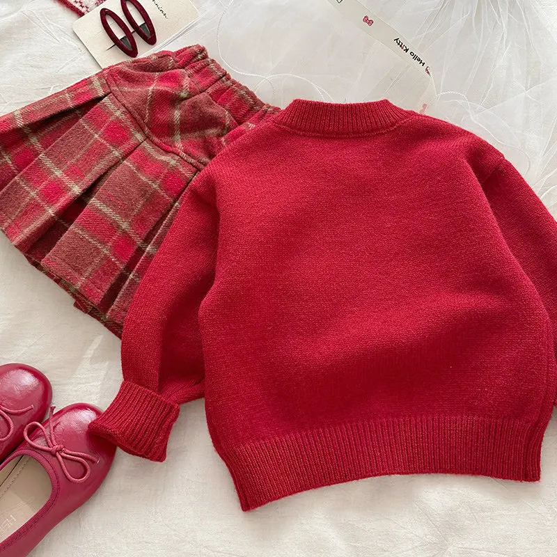 2025 Winter Festival Atmosphere Girl Red Embroidered Sweater and Checkered Short Skirt Two Piece Set