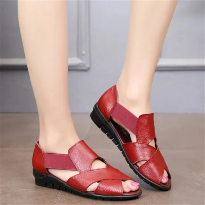 Cowhide Ladies Wedge Sandals Shallow Non-slip Fashion Summer Shoes Women Soft Hard-wearing Sandals Female Large Size 35-42