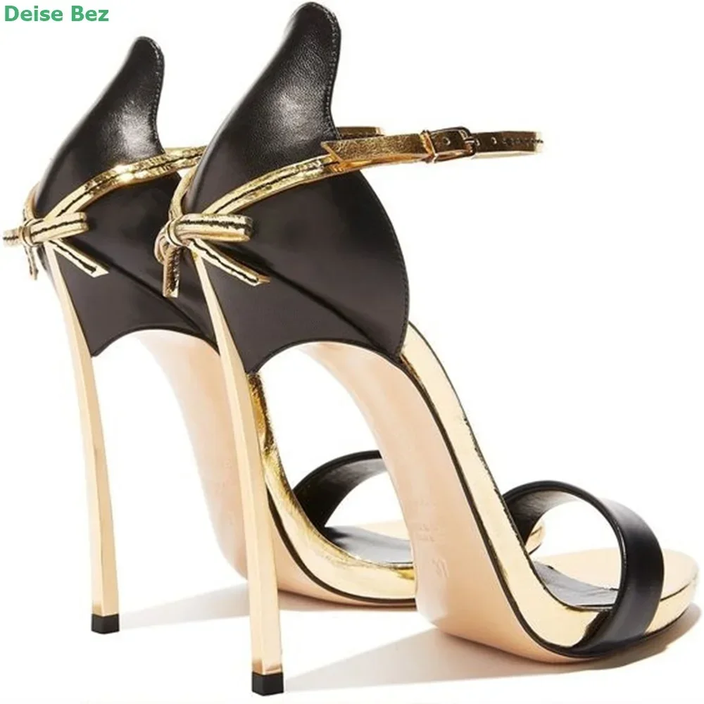 

Black Metal Heel Sandals Cover Back Ankle Buckle Strap Round Toe Thin High Heel Shallow Sexy Fashion Summer Women Shoes