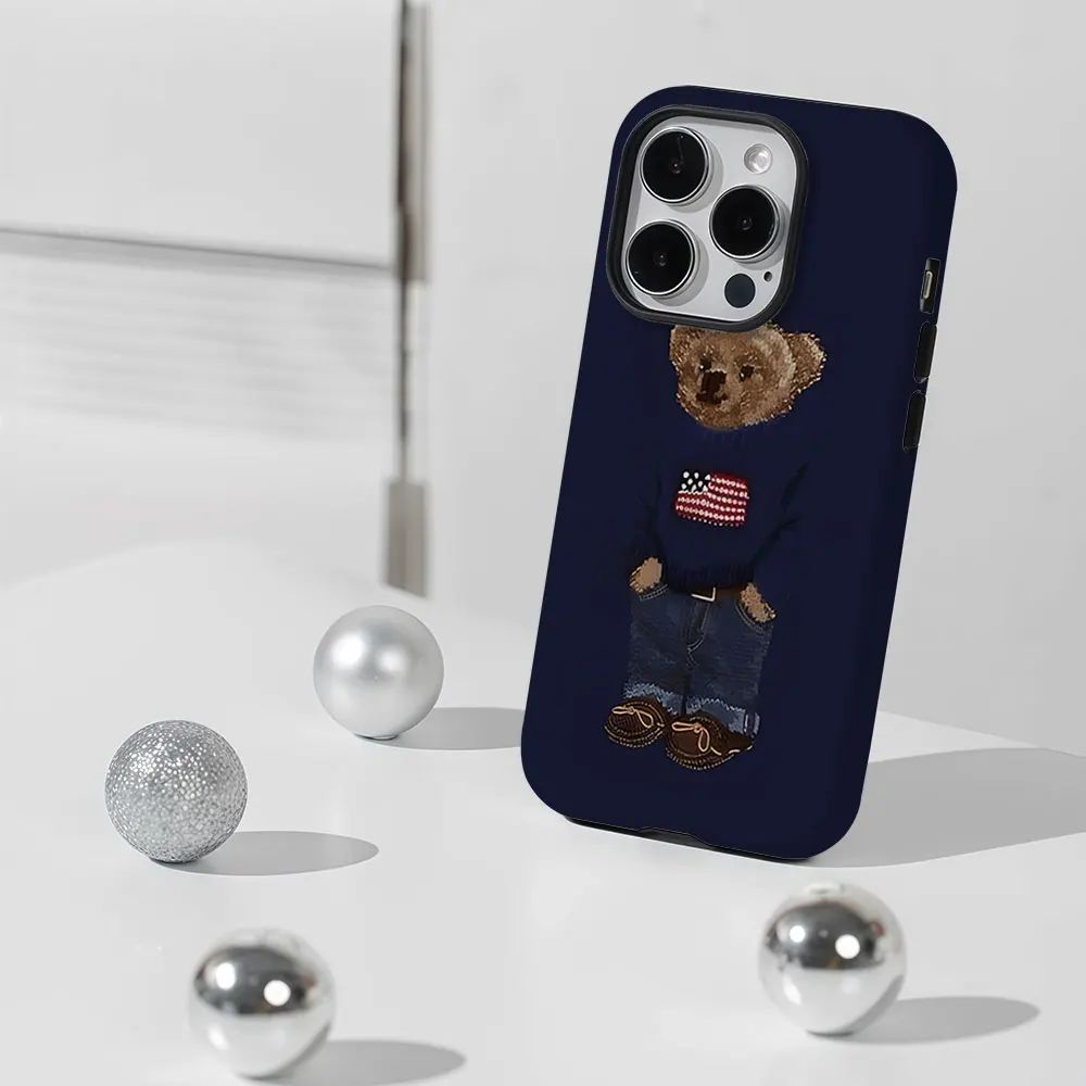 Ralph Lauren Teddy Bear 2-in-1 Phone Case For iPhone 17 16 15 14 13 Pro Max Air 16e INS Flower Hard PC Bumper Cover Coque view 4