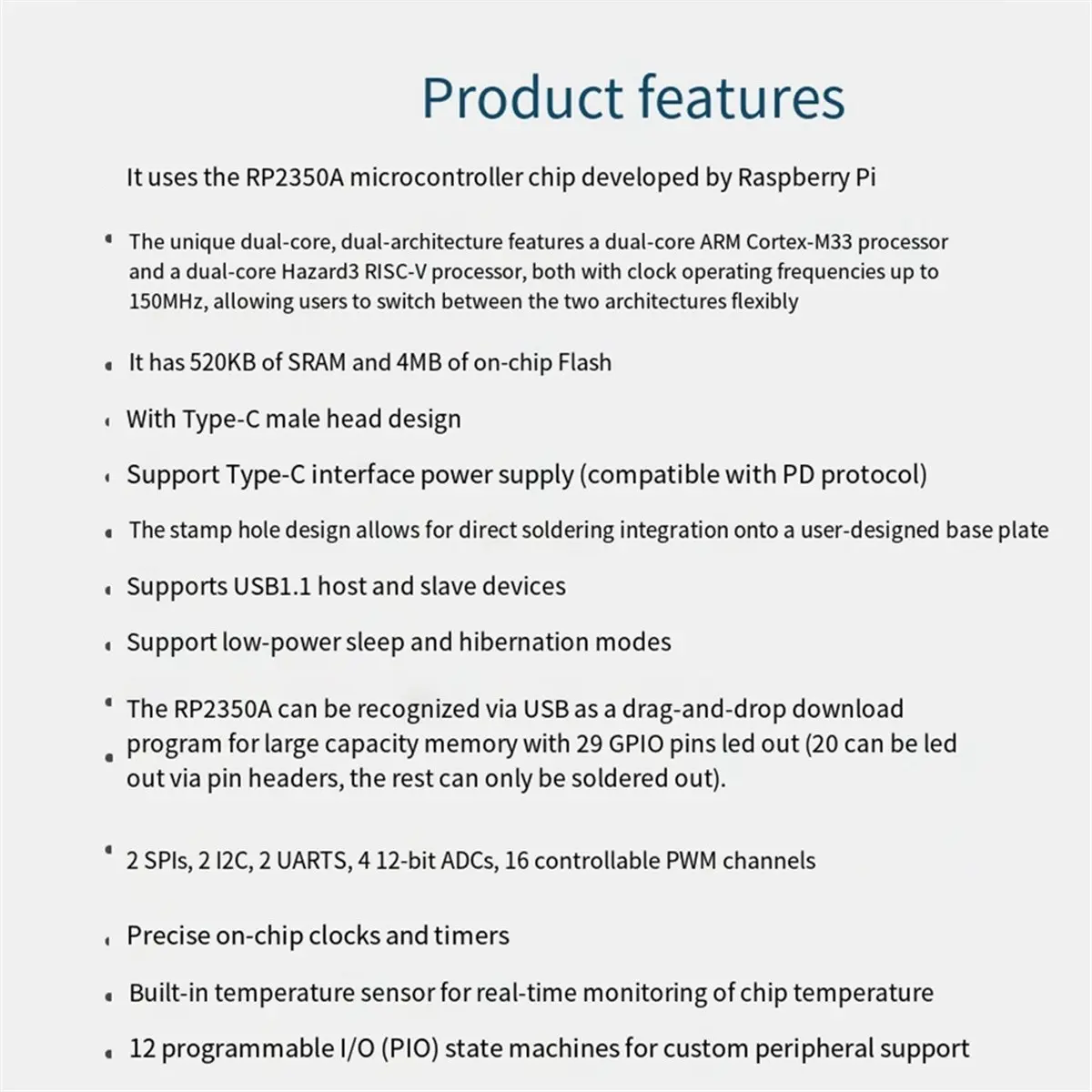 A46U 2PCS RP2350-Zero Mini Development Board Dual-Core and Dual-Architecture Onboard Type-C Male Port Castellated Module