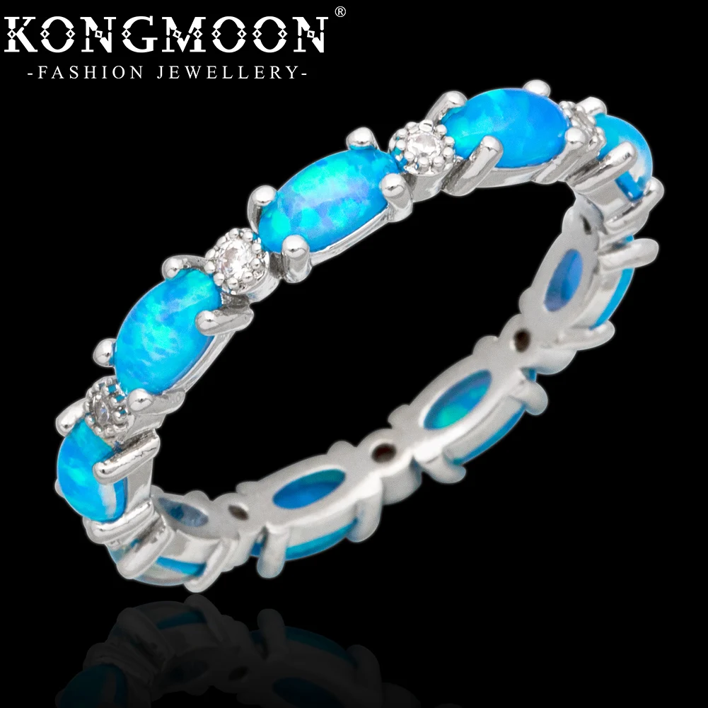 KONGMOON Full Circle Oval Blue Fire Opal AAA CZ Silver-Plated Jewelry Women Wedding Eternity Ring US Size 6 7 8 9