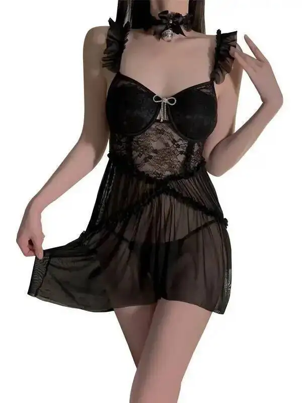 Seksowna sukienka z odkrytymi plecami, głęboki dekolt w serek, fiszbinami, wkładkami, koronką, przezroczystymi plecami, głęboki dekolt w serek, ramiączka, bez rękawów IOY0