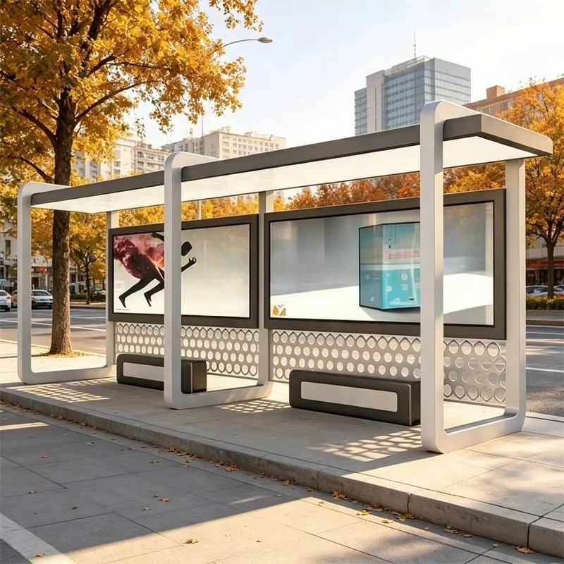 Contemporary Stainless Steel Bus Stop Shelter with Real Time Arrival Display and Solar Powered LED Lighting System.