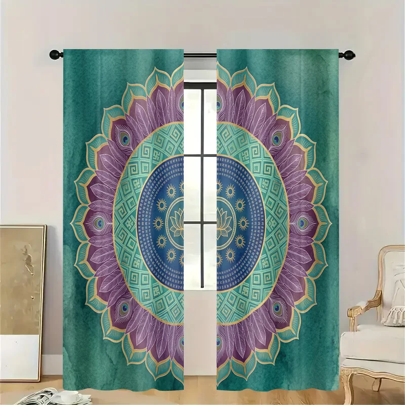Bohemian Mandala Curtains Decorative Privacy Window Drapery Geometric Boho Semi Sheer Teal Purple Ethnic Style Home Decor