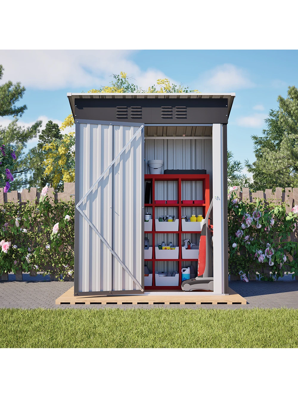 Outdoor-Metall-Gartenschuppen 152×73×182cm mit abschließbarer Tür, mit verstärktem Metallbodengestell, verstärktem Metallrahmen, wasserdichter und rostfreier verzinkter Stahlkonstruktion