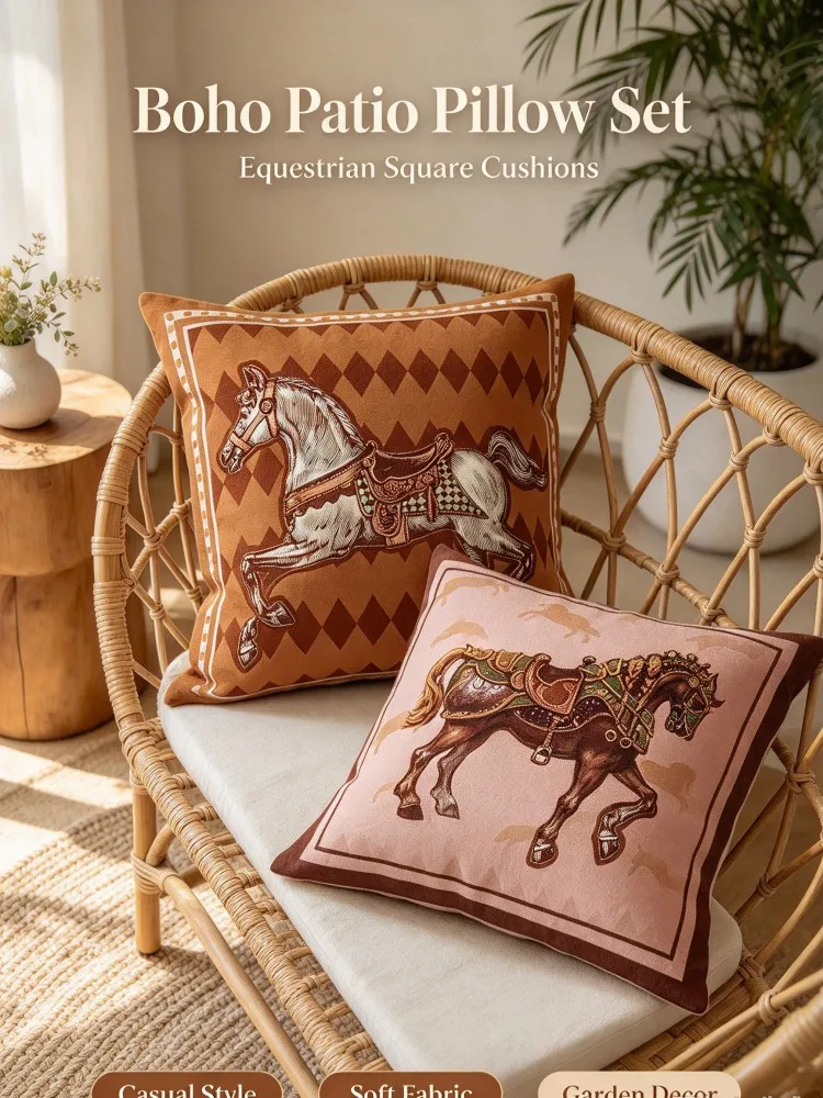 **Equestrian Pillow Set, Horse Pattern Square Cushions, Luxury Decorative Throw Pillows for Sofa Bedroom Window Seat Patio Car H