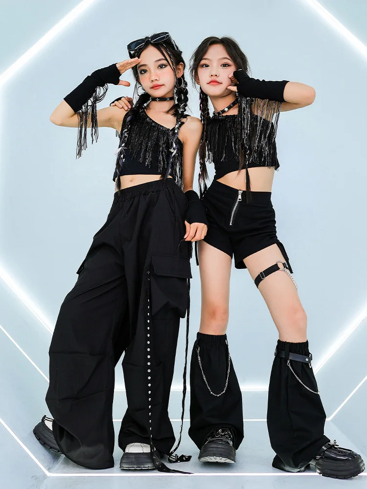 Girls Jazz Dance Clothes Black Tassel Crop Tops Pants Kids Hip Hop Competition Performance Suit Stage Wear K-pop Outfit BL14277