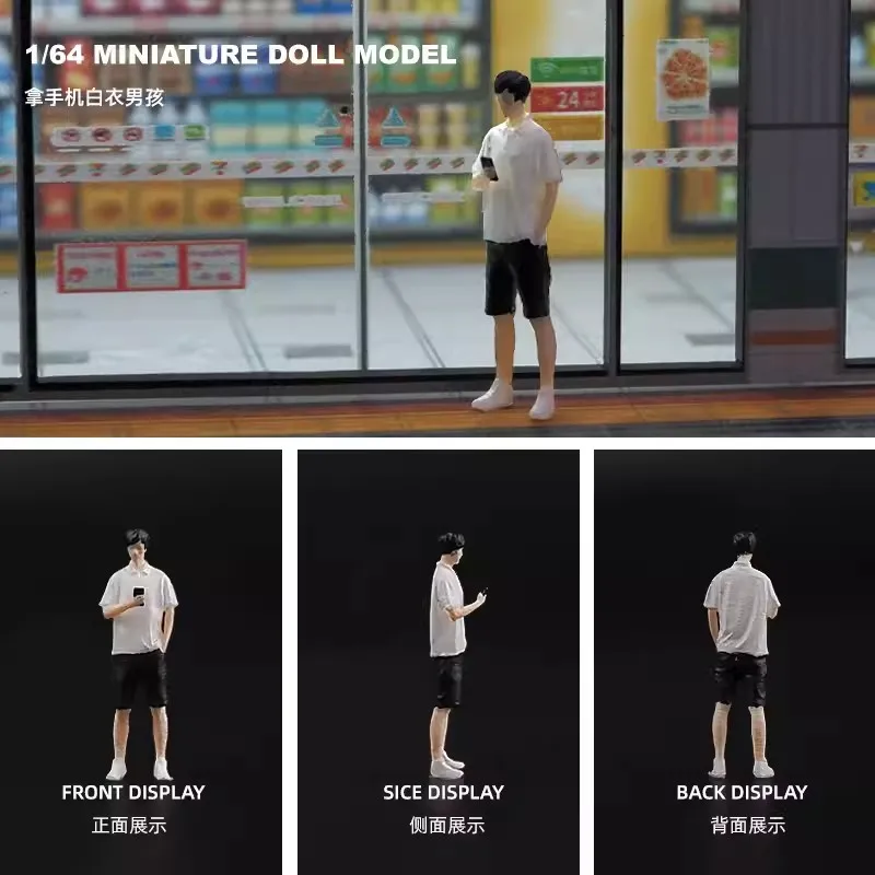 New 1:64 Scale Model 1Pcs Miniature Handsome Guy With Cell Phone White T-Shirt Action Figure DIY Scene Accessory Display Toys