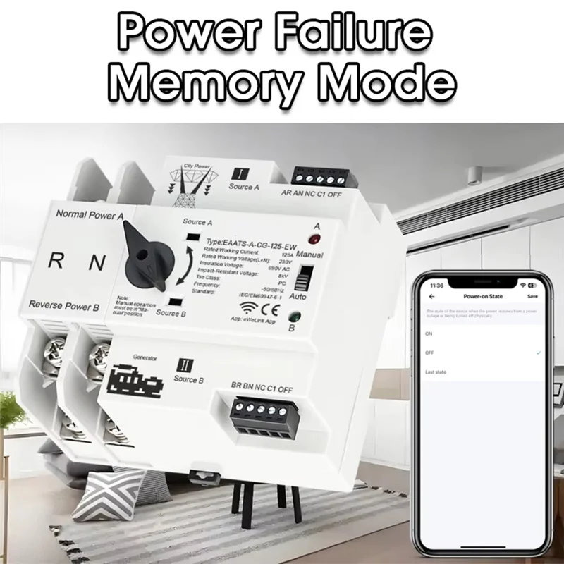 

AT19-Dual Power ATS Ewelink Wifi Smart Automatic Transfer Electrical Selector Switch Uninterrupted Power Supply 125A 4P