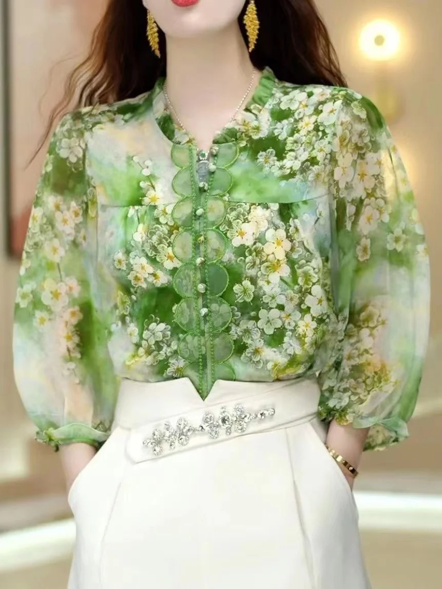

Elegant Fashionable Vintage Print Women's Shirt Summer 2024 New Bubble Sleeve Chiffon Top Sweet Style Loose Fit Silk Material