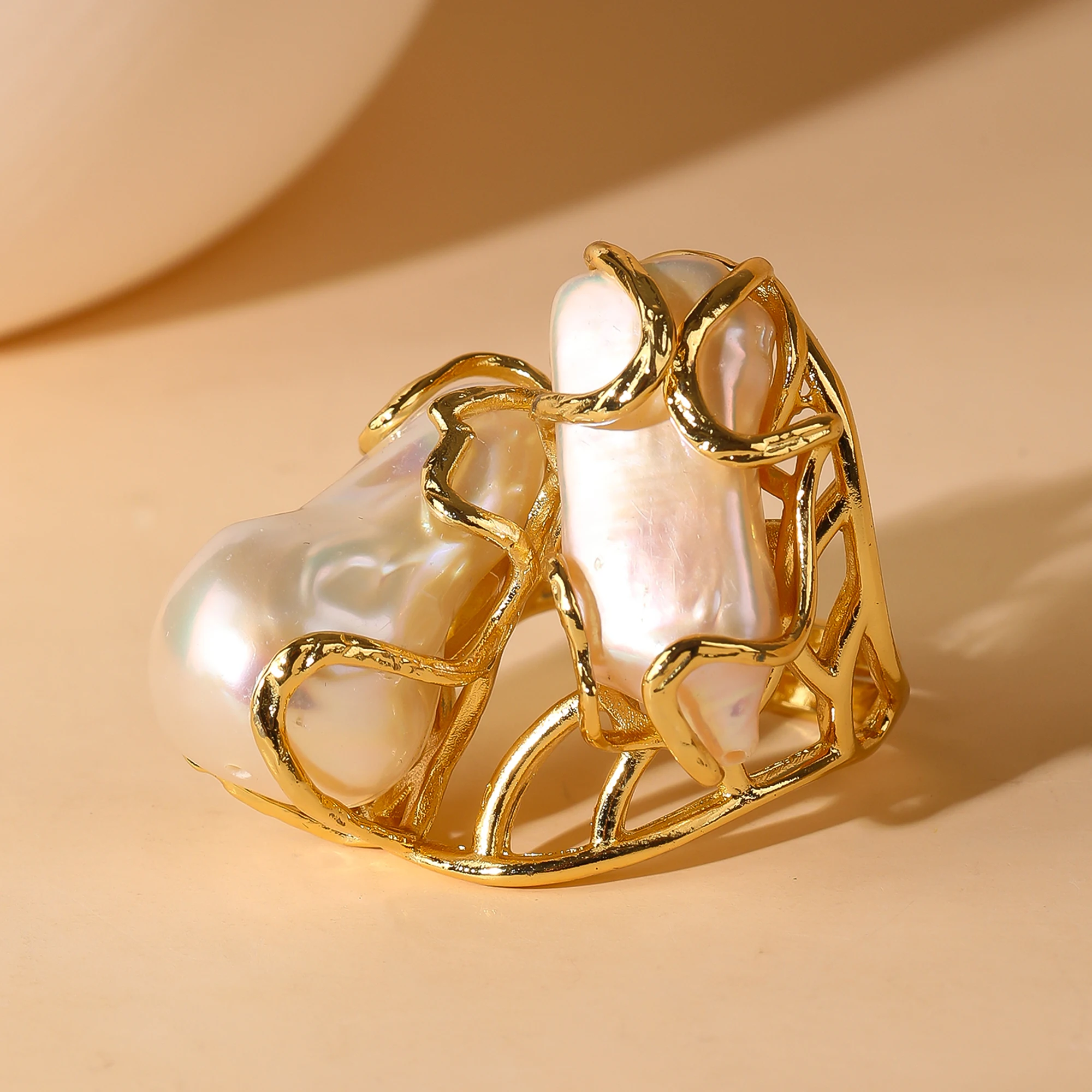 Natural Cultured White Keshi Pearl Biwa Pearl Rings Gold Plated Adjustable Ring For Lady