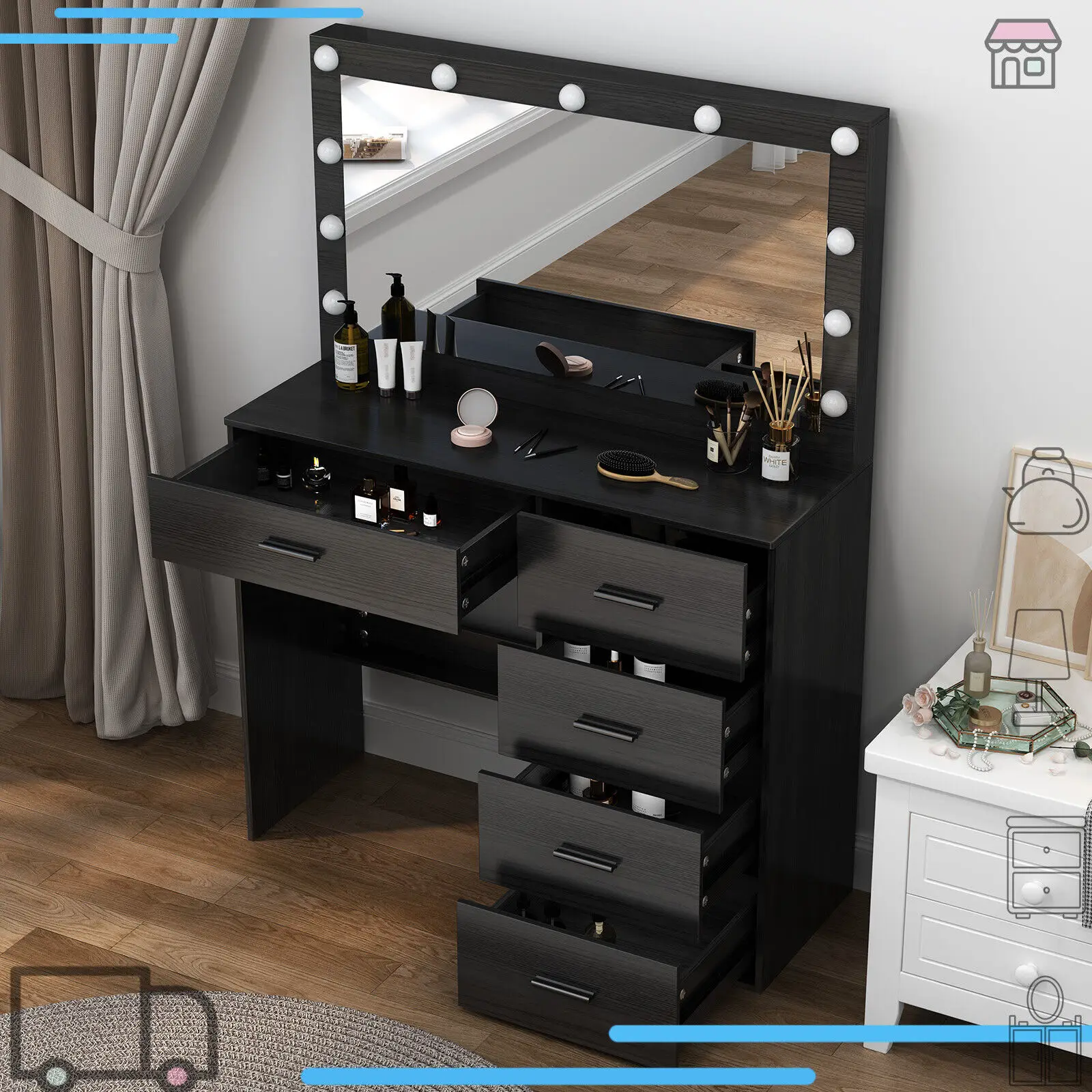 طاولة زينة سوداء مع أضواء LED ومرآة وطاولة مكياج وطاولة مكياج و5 أدراج #4