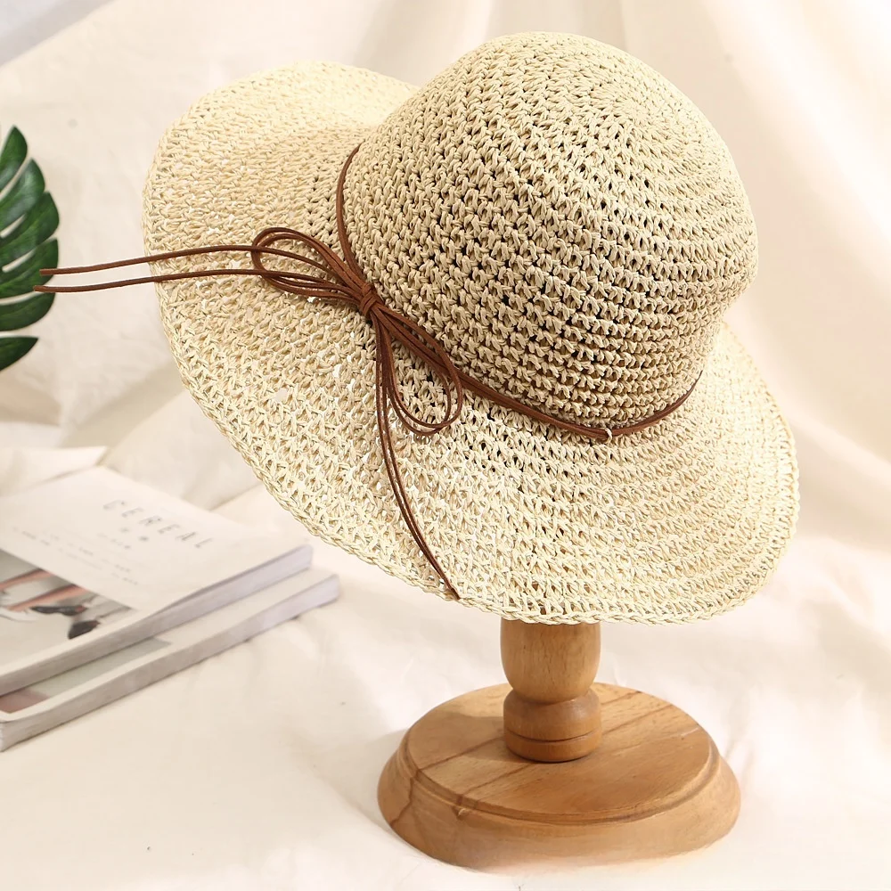 جديد عطلة الشاطئ صياد قبعة شاطئ البحر حماية الشمس قبعة الشمس كبيرة حافة القوس المنسوجة القش قبعة المرأة بنما فاتحة الكورية #2