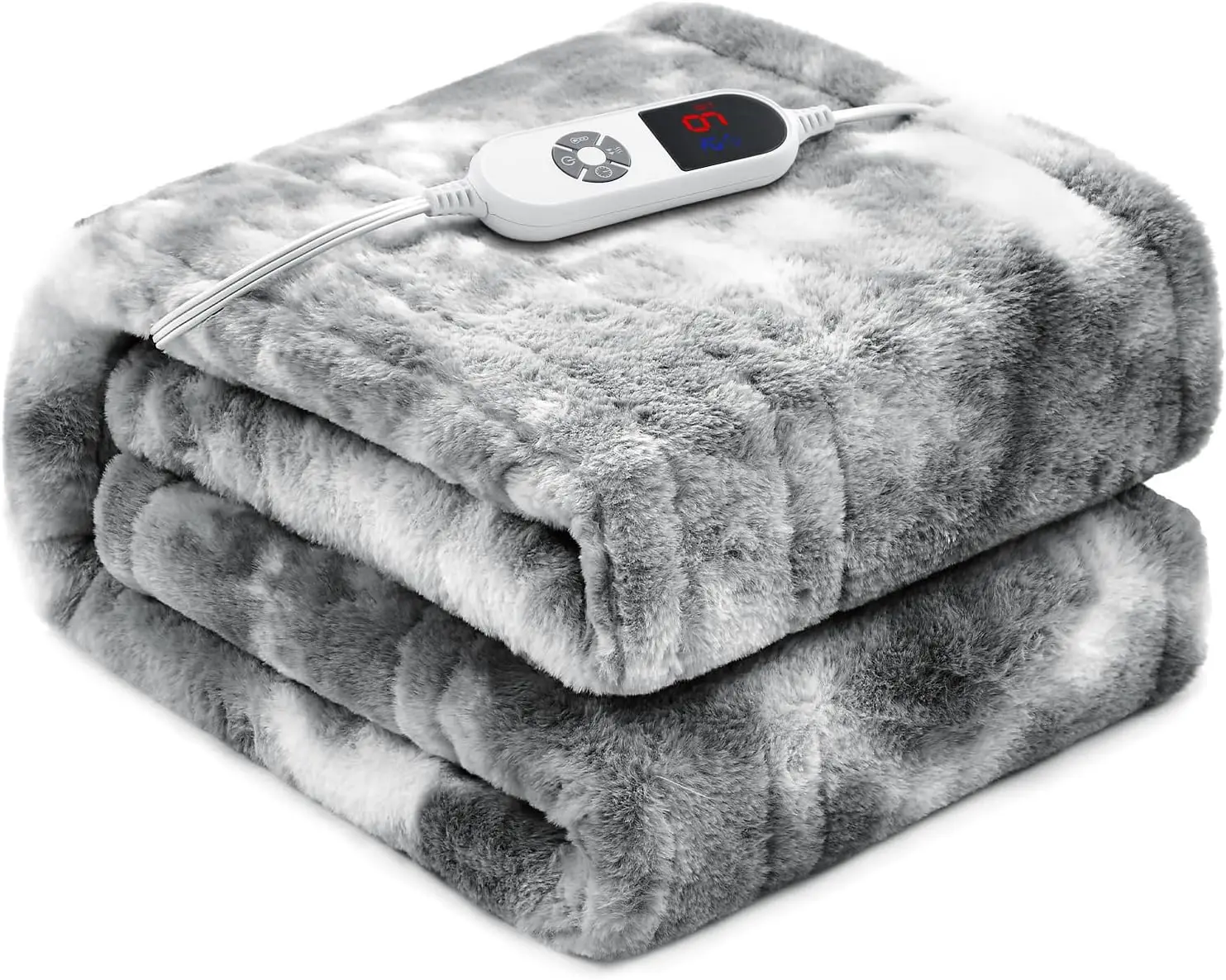 

Luxury Grey Faux Fur Electric Heated Blanket, 50x60 Inches, Fast Heating with 6 Levels & Auto Off