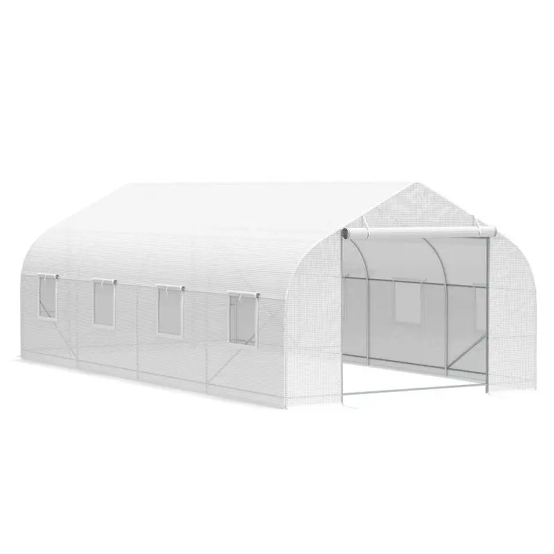 

20' x 10' x 7' Outdoor Walk-in Greenhouse, Tunnel Structure with Roll-up Windows, Zippered Door, PE Cover, Heavy Duty Steel