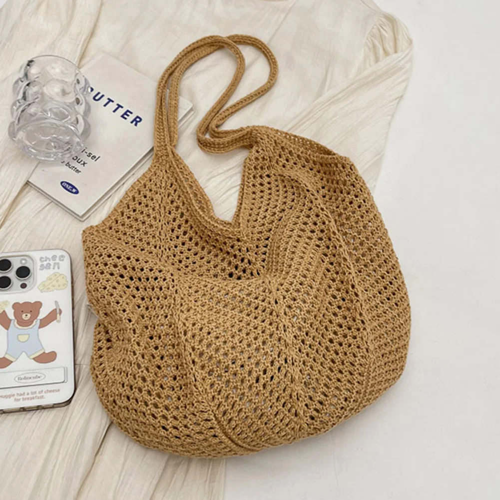 

Женская вязаная сумка на плечо, однотонная эстетичная сумка-хобо, большая вместительная сумка-тоут, вязаная крючком, женская повседневная сумка