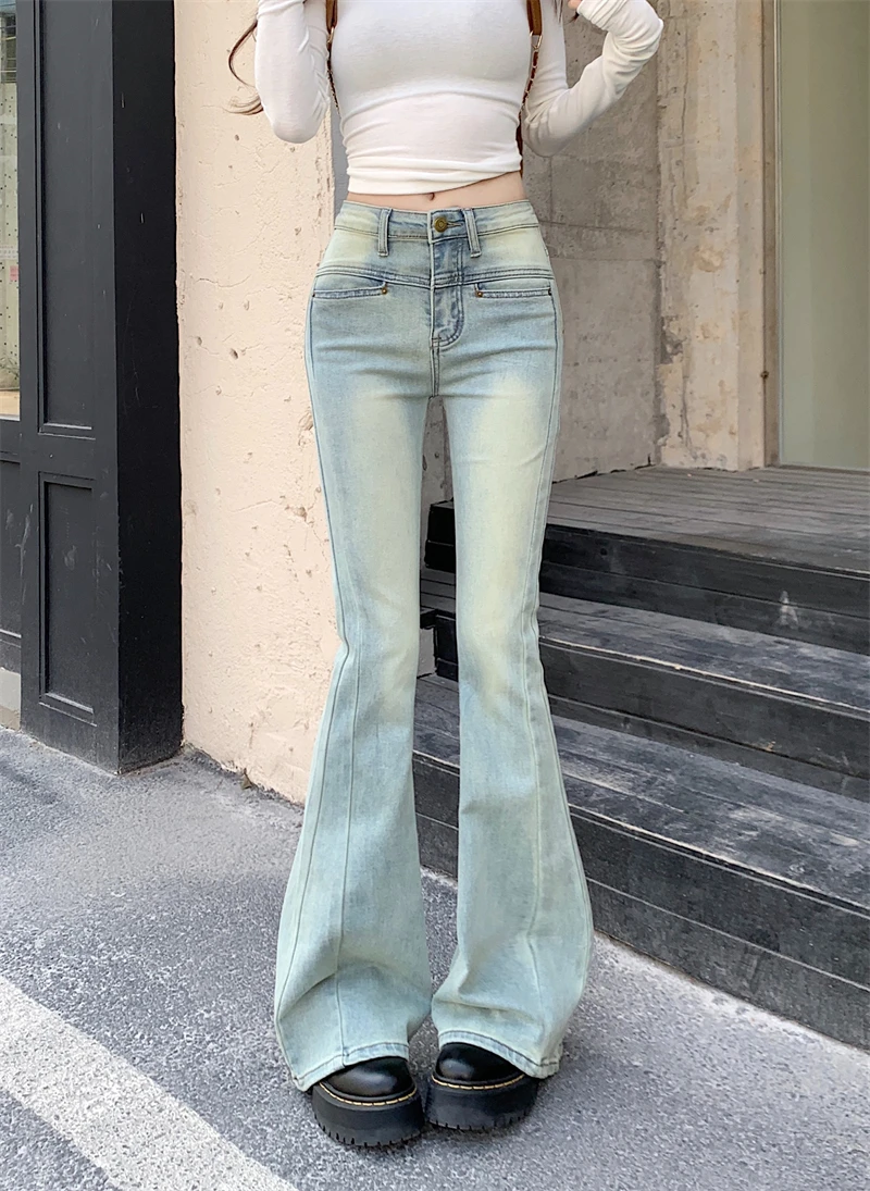 

Benuynffy Y2k Vintage Blue Flare Jeans Women's Fashion Street style Low Waist 90s Girls Korean Stretch Slim Denim Long Trousers