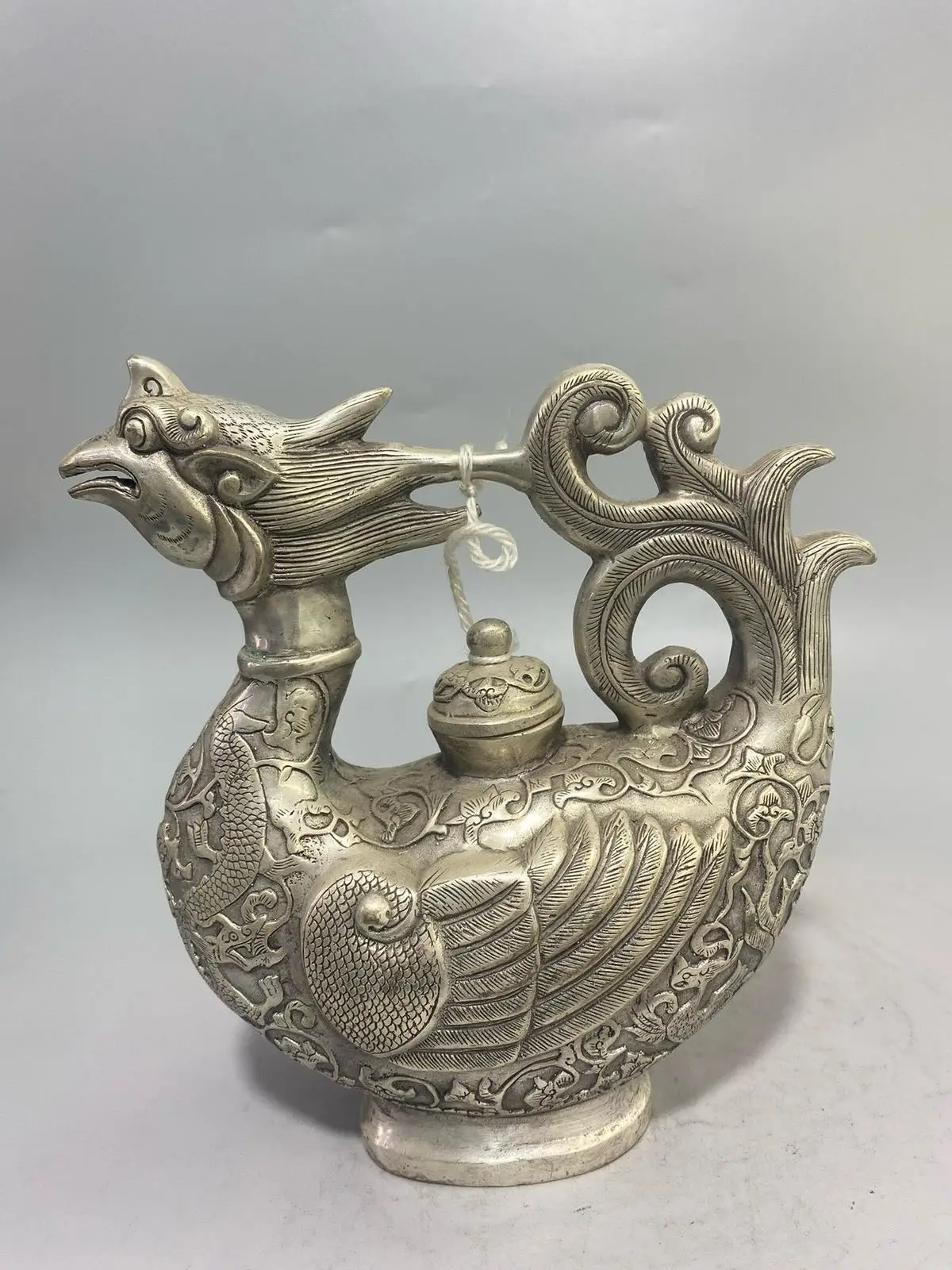 bronze silver plating engraving auspicious bird phoenix jar pot statue 19cm