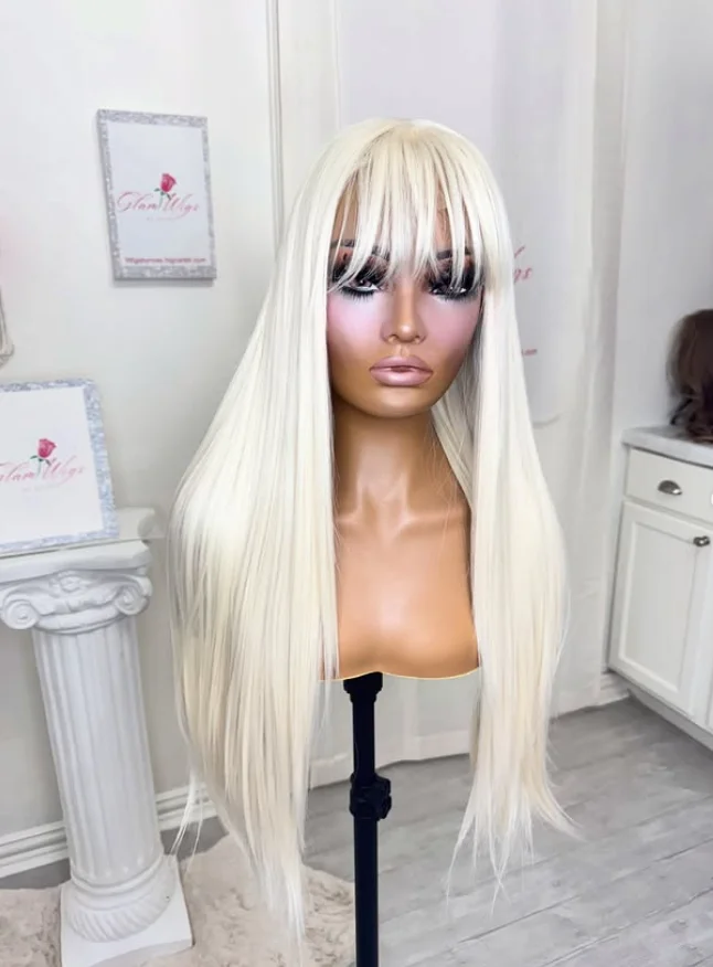 13X4 HD White Wig Straight Lace Front Wig With Bangs Synthetic And Blend Lace Wigs Glueless Heat Resistant Cosplay Clearance