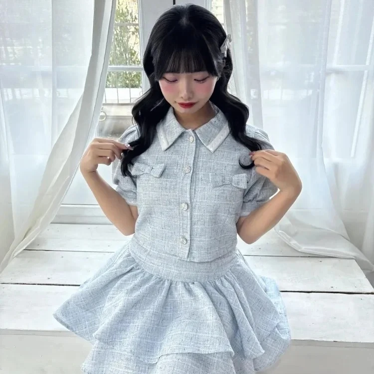 

Japanese Sweet Cute Girls Spring Summer New Lapel Single-breasted Short-sleeved Top and High-waisted Short Skirt Two-piece Set