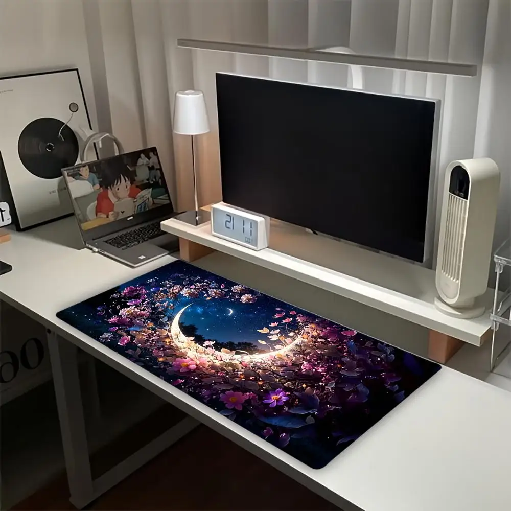 Floral Crescent Moon Starry Print Large Gaming Mousepad Non-slip Rubber Base Stitched Edge Office Keyboard Workstation Platform