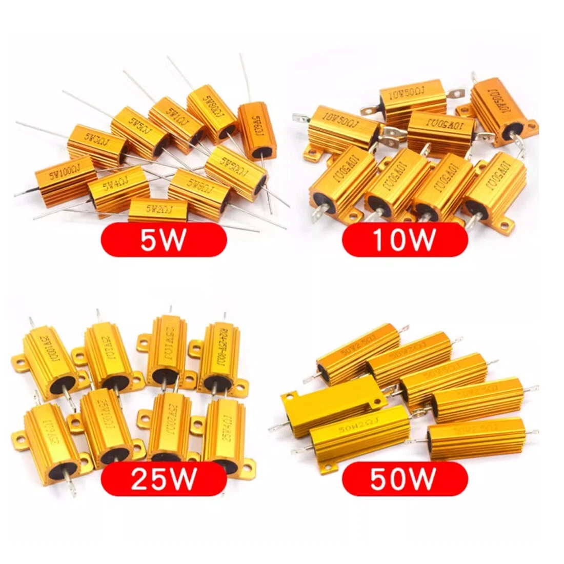 5w 10w Resistor Metal Wirewound Range-Golden Load Wire Wound Gold Aluminum Shell Resistor 0.1 ~ 500ohm