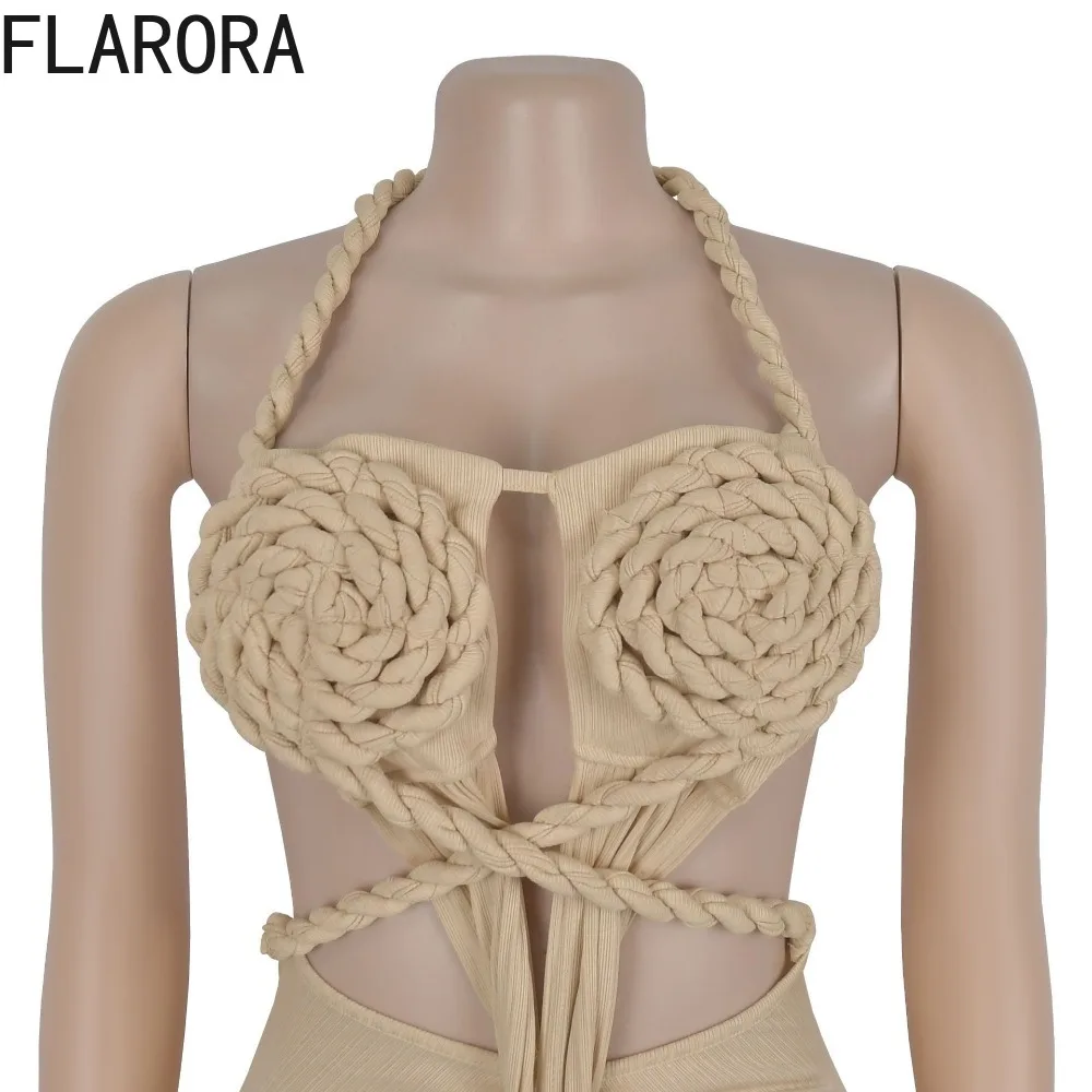 FLARORA Sexy Halter Knit Jumpsuits Woman Hollow Out Backless Sleeveless Ruched Skinny One Piece Overalls Summer Beach Jumpsuit