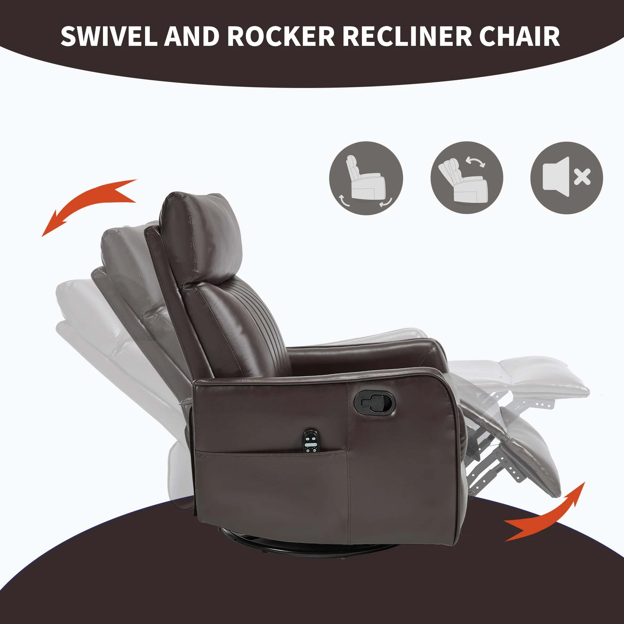 Manual Recliner Chair with Heat & Massage, Brown Faux Leather Rocker Swivel Accent Chair for Living Room view 7