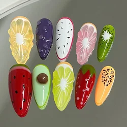 10Pcs Handmade Press On Nails Summer Fruits Full Cover Colorful 3D Design French Almond False Nails Wearable Manicure Nail Tips