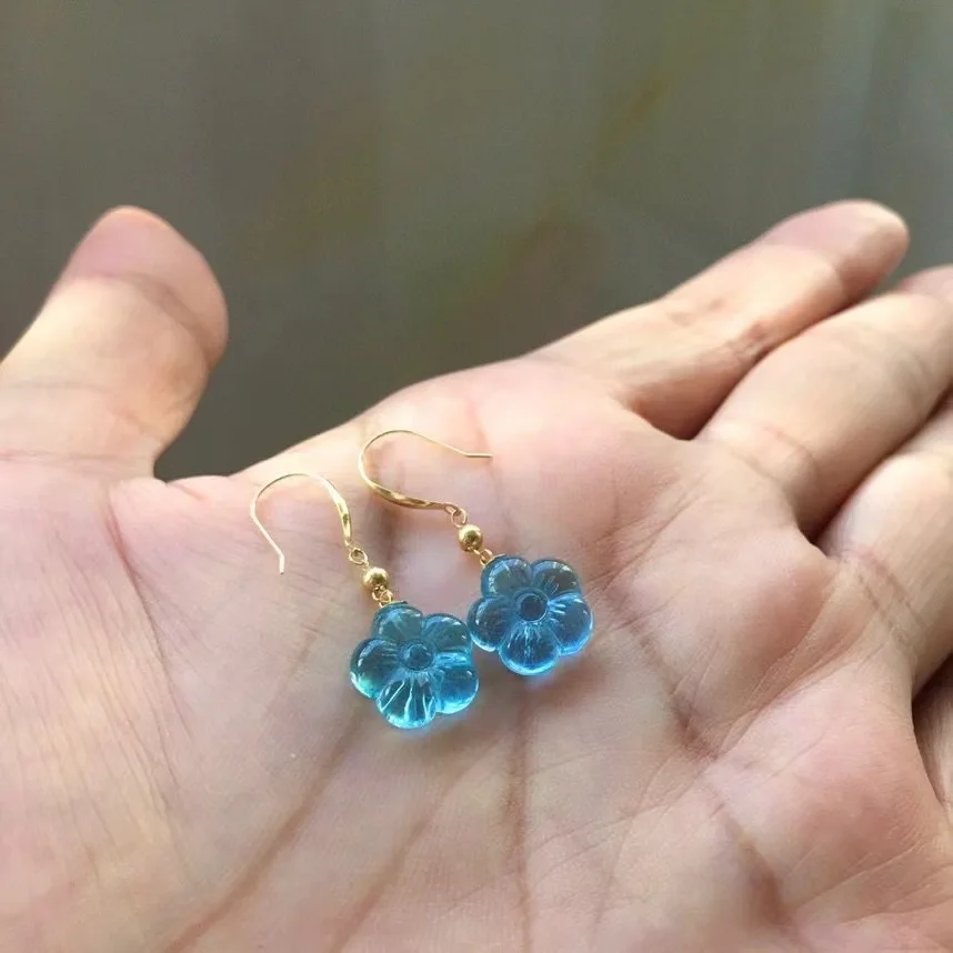 1 Pair Fengbaowu Natural 7A Aquamarine Flower Earring 18K Gold Reiki Healing Stone Jewelry Gift Women