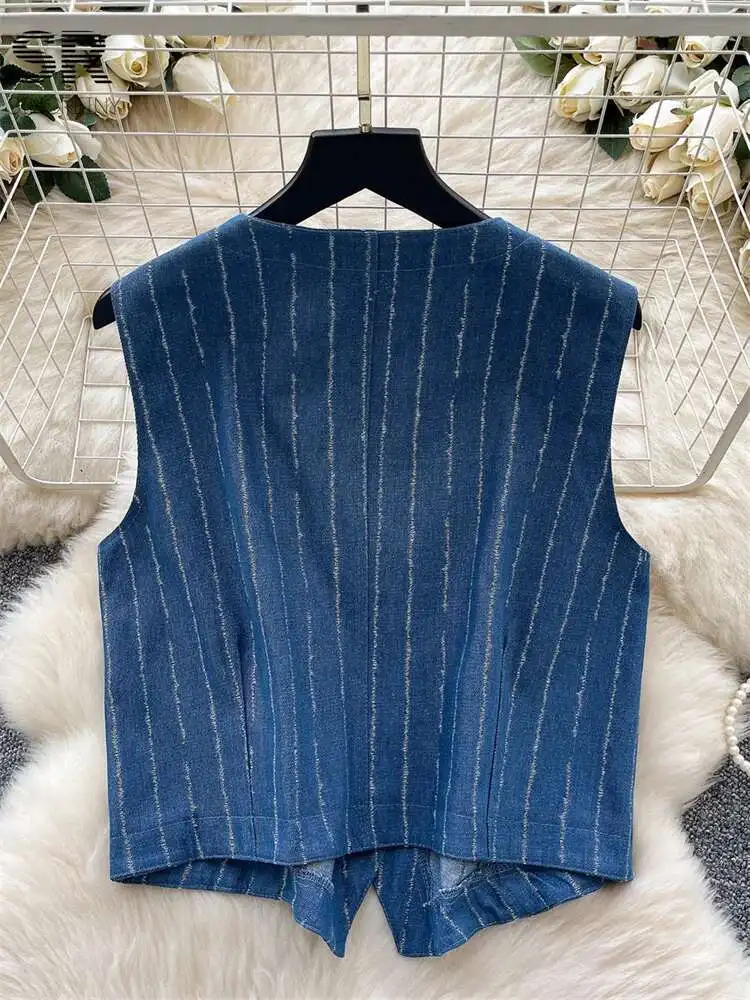

BabYoung Spring Striped Denim Vest Women Sleeveless Button Design O Neck Cardigan 2025 Newest Fashion Pocket Korean Basics Tops