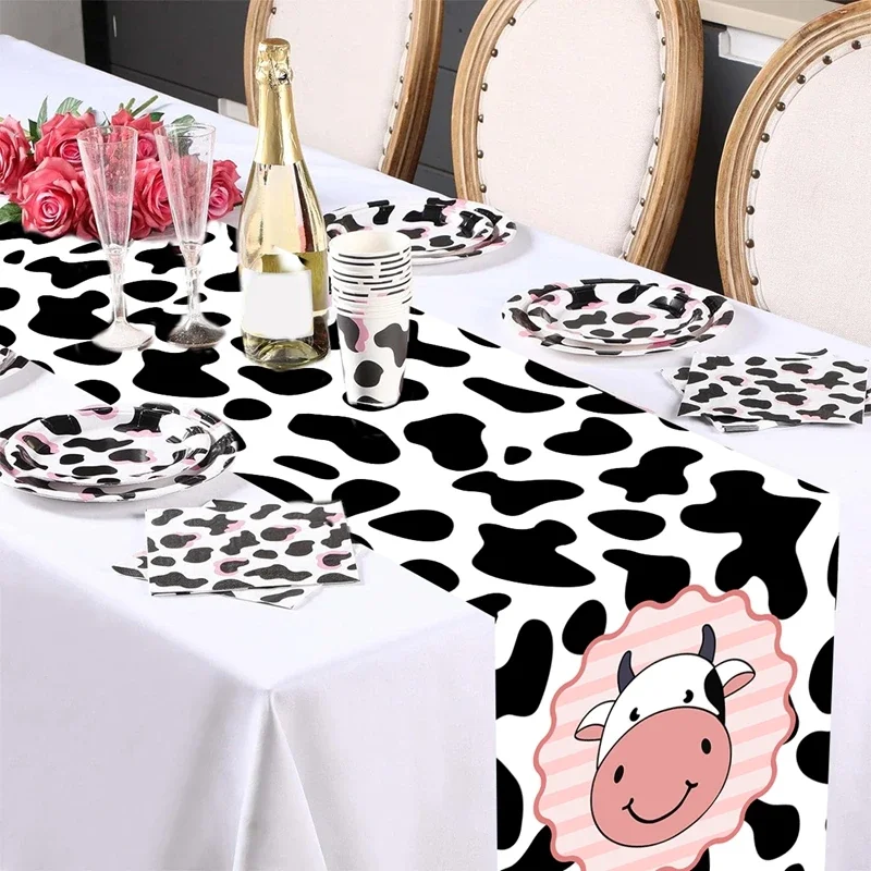 Cow Pattern Polyester Table Runner, Table Flag For Farm Themed Birthday Party Supplies, Baby Shower Decoration