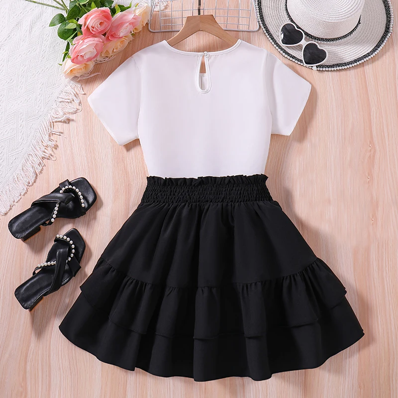 Summer Girls White Short-Sleeved Top + Black Skirt Two Piece Set Preppy Style Outifits Stylish Daily Casual Clothing