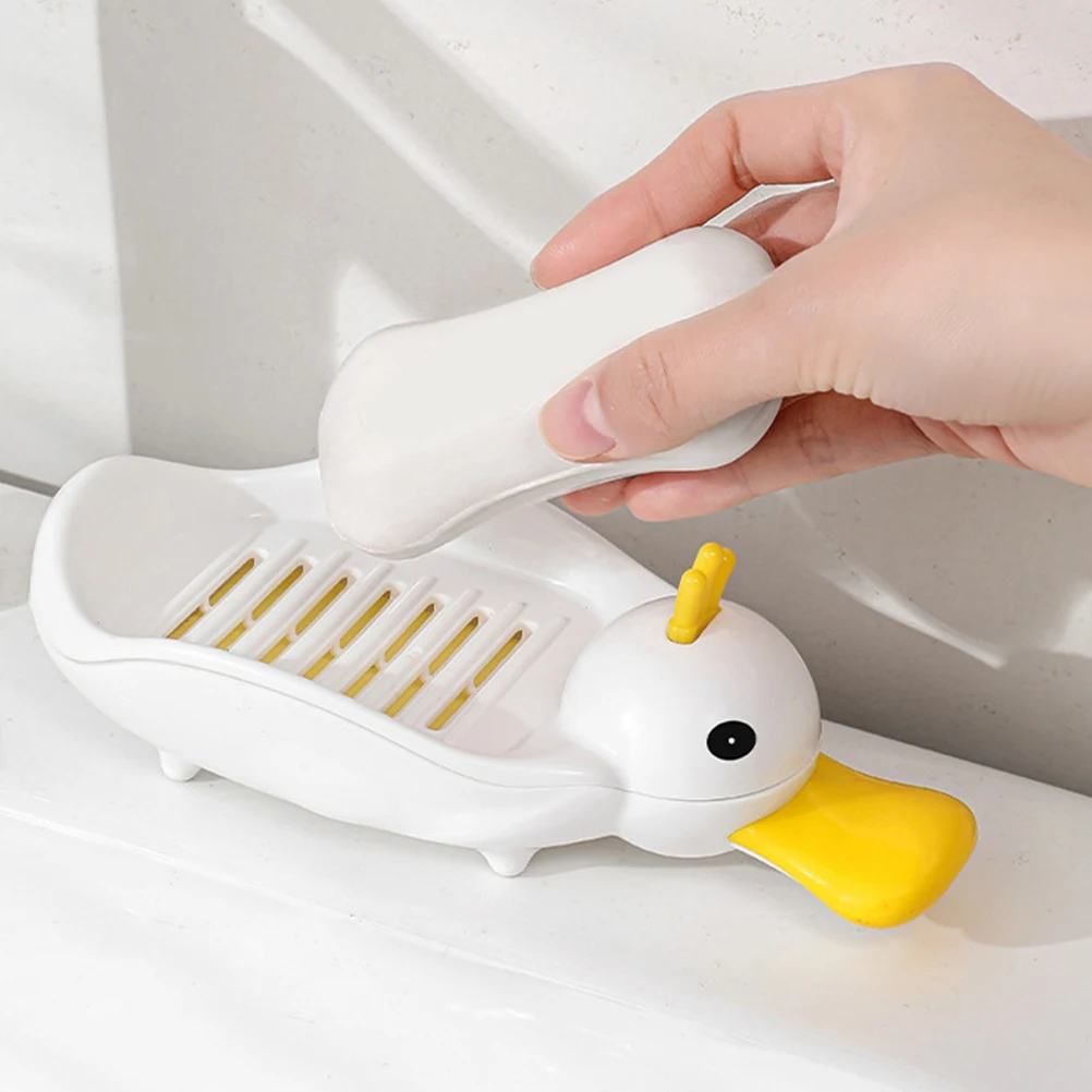 

Cute Duck Soap Dish White Self Draining Portable Storage Box Bathroom Kitchen Travel Countertop Cartoon Plastic Holder