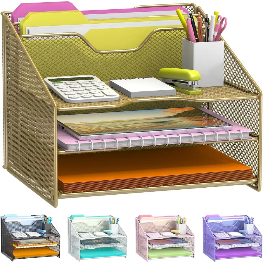 Gold Desk File Organizer with Mesh Letter File Folder Holder 3 Paper Trays and 2 Vertical Upright Sections for Efficient Office