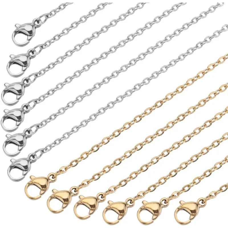 

20 Pack 20 Inch/ 0.5m 2mm Stainless Steel Necklace Chain Bulk Necklace Making Chains Golden Silver Metal Lobster Claw Clasps