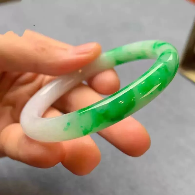 Myanmar Jadeite Ice-Waxy Type Bright Fine Round Bangle with Green Highlights